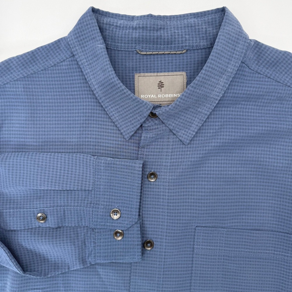 Royal Robbins Shirt Mens XXL Blue Micro Check Relaxed Fit Tencel Modal Outdoor